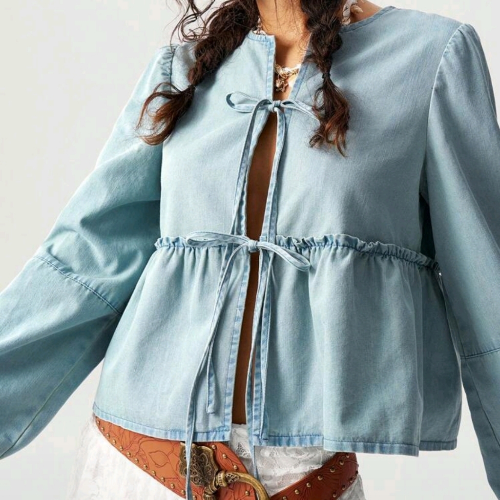 Women's Blue Cotton Denim Front Tie Top